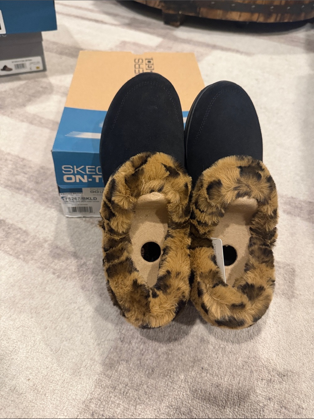Skechers Black Slip-On Slippers with Leopard-Print Faux Fur Collar